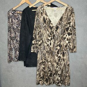Lot of 3 Chicos 3 Faux Wrap Dress & Tunic Top Animal Print Stretch XL Serrani